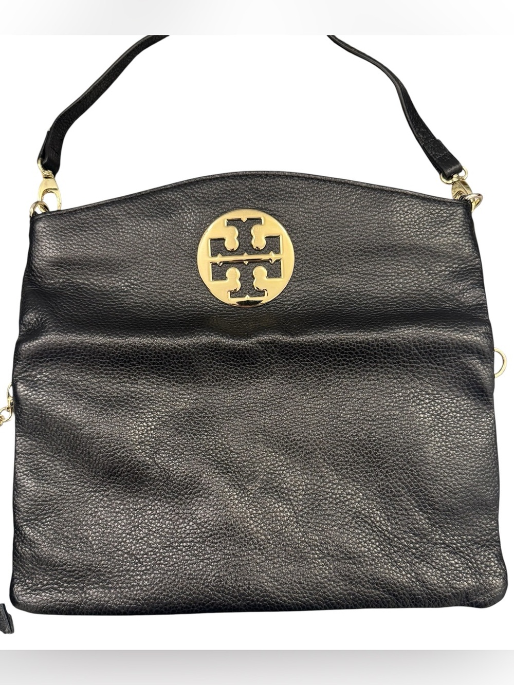 Tory Burch Black Pebbled Leather Flap Wristlet Clutch with Gold Logo - Picture 6 of 14
